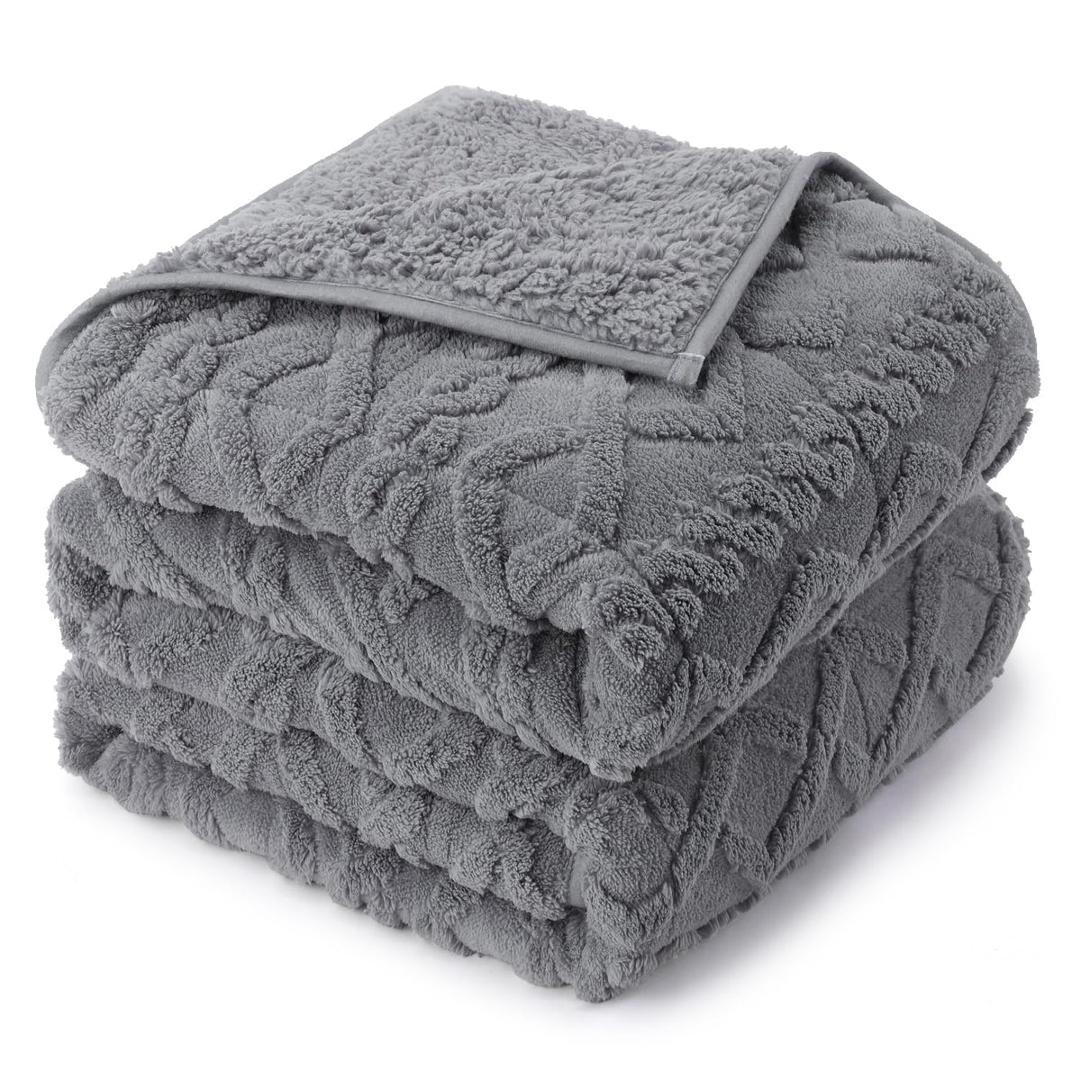 Drewin folded front view showing full queen blanket and elegant grey finish for cozy styling