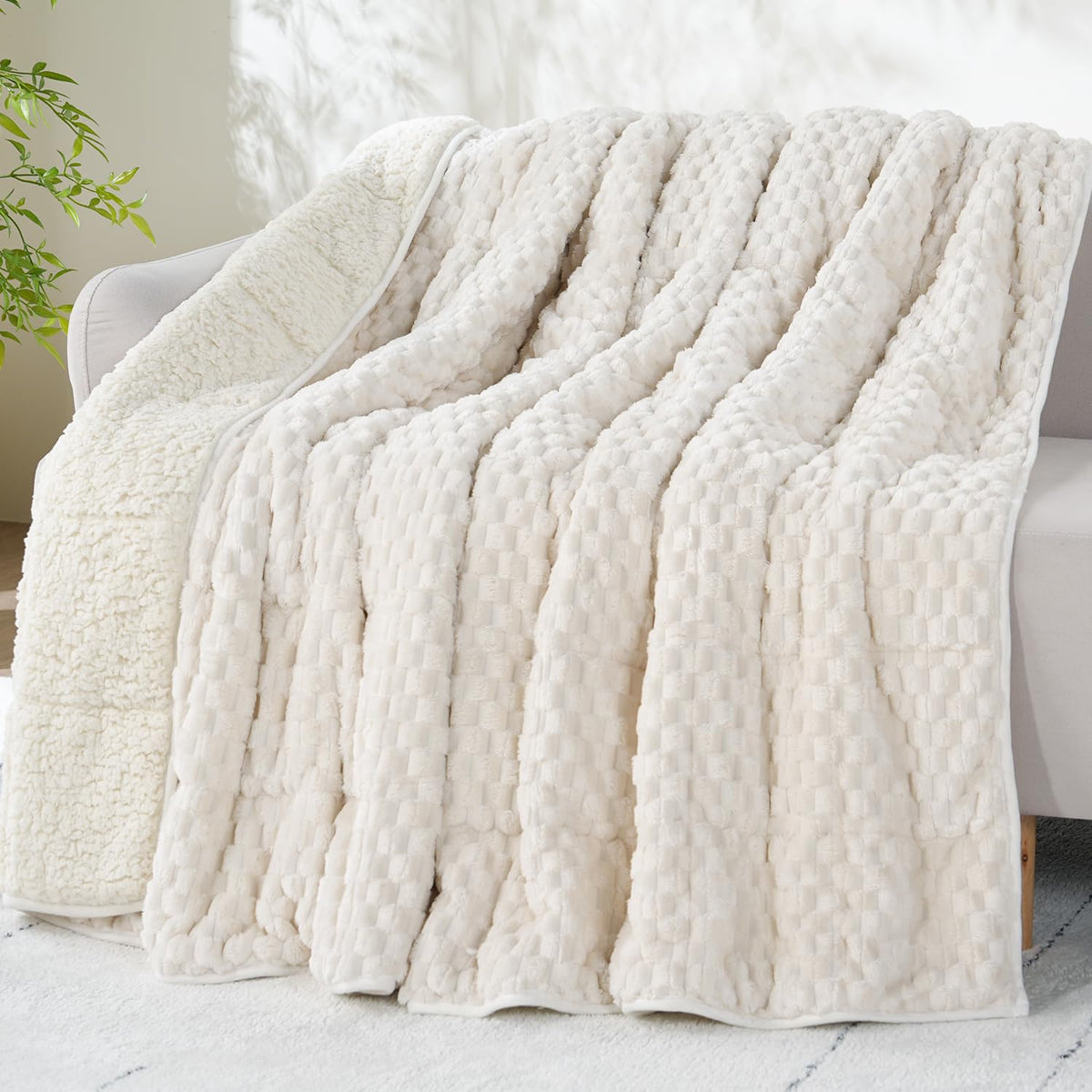 Drewin front view of queen blanket showing style and coverage benefit
