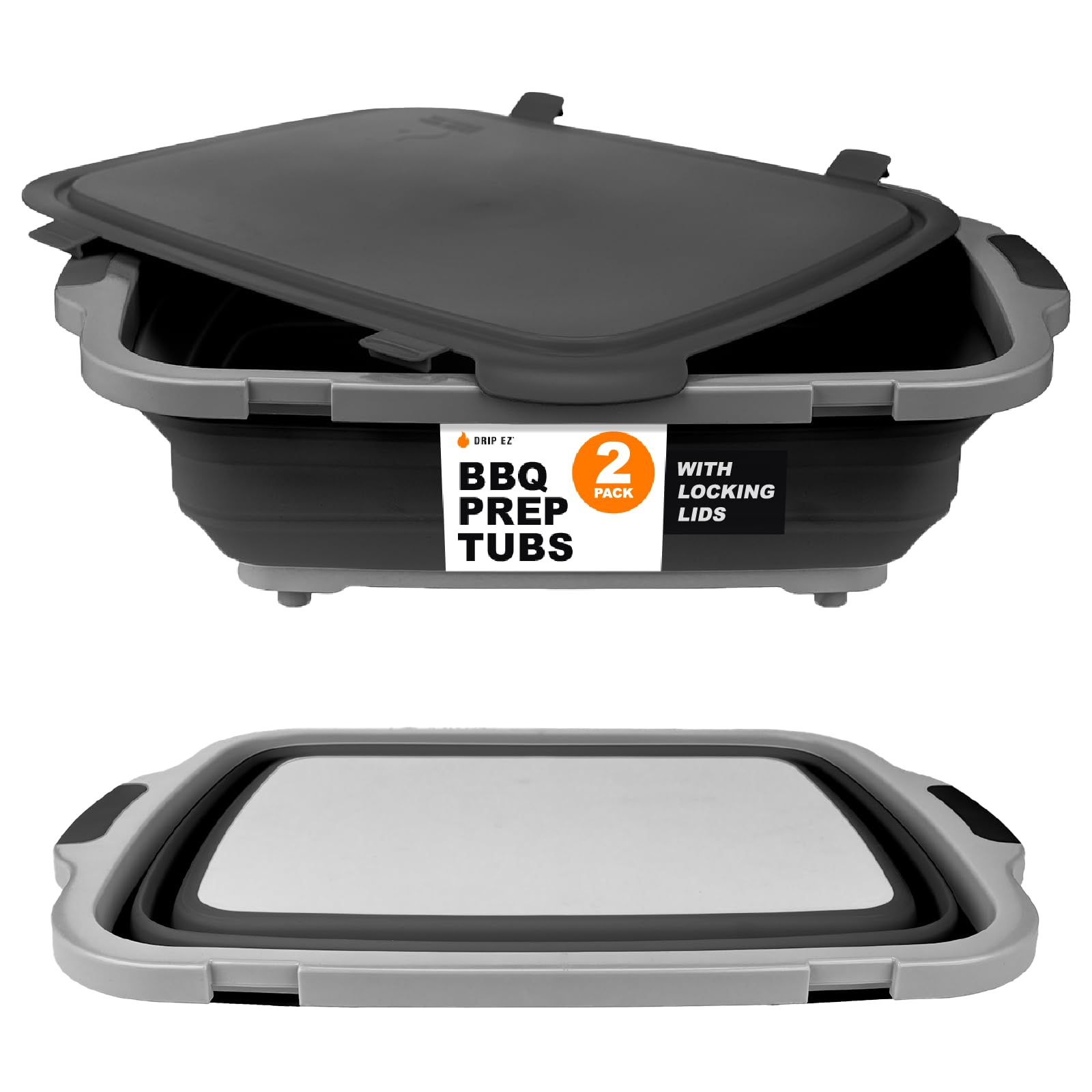 Drip EZ front view showing two XL tubs and lids for compact storage benefit