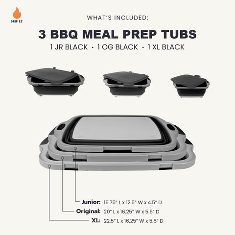 Drip EZ three tub sizes displayed for scale and versatile prep