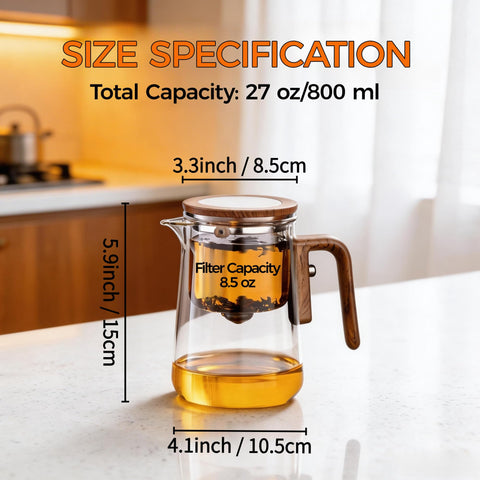 DRNKNSTX teapot beside measuring cup showing 27 oz capacity benefit