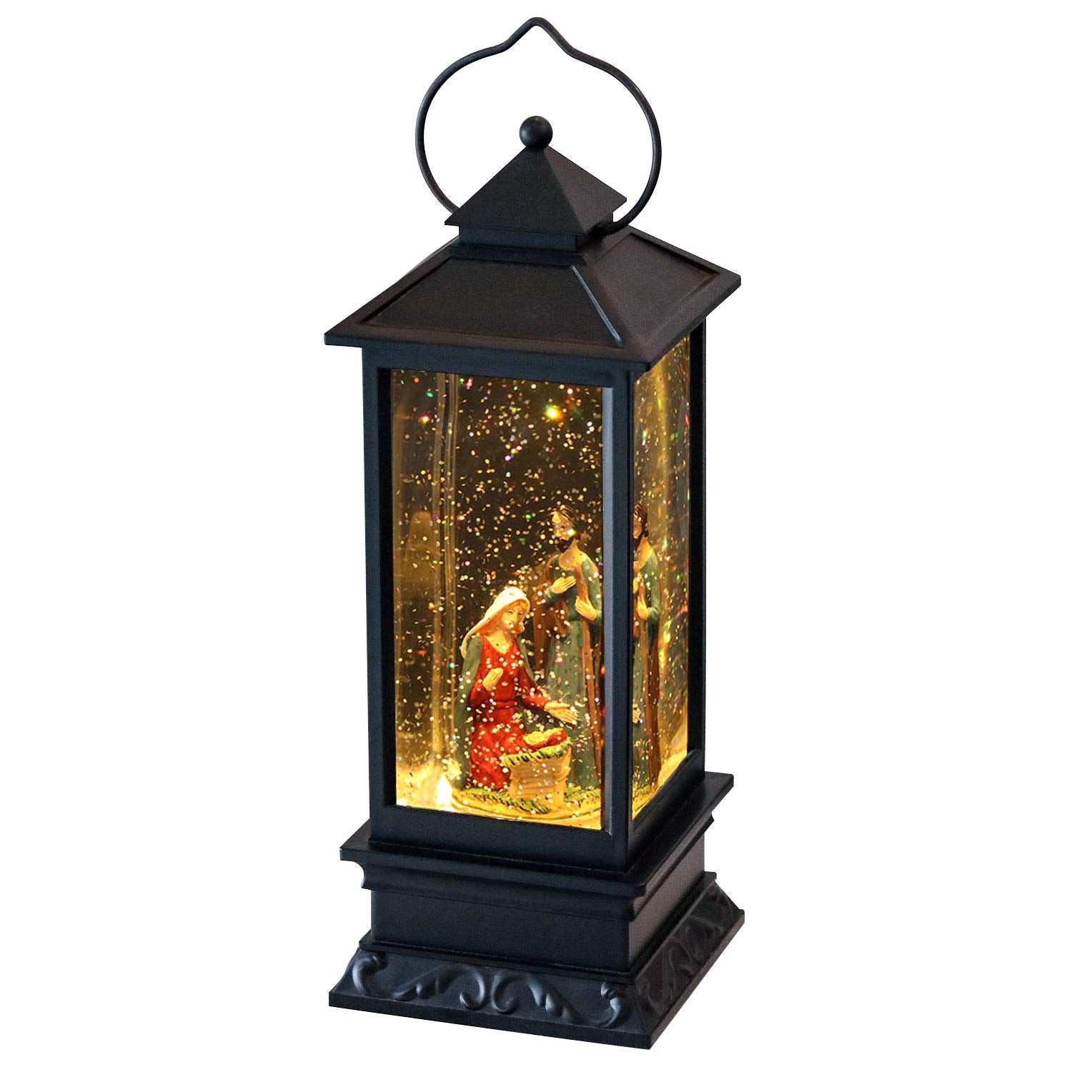DRomance front view of nativity lantern showing lights and silhouette benefit: clear holiday focal point