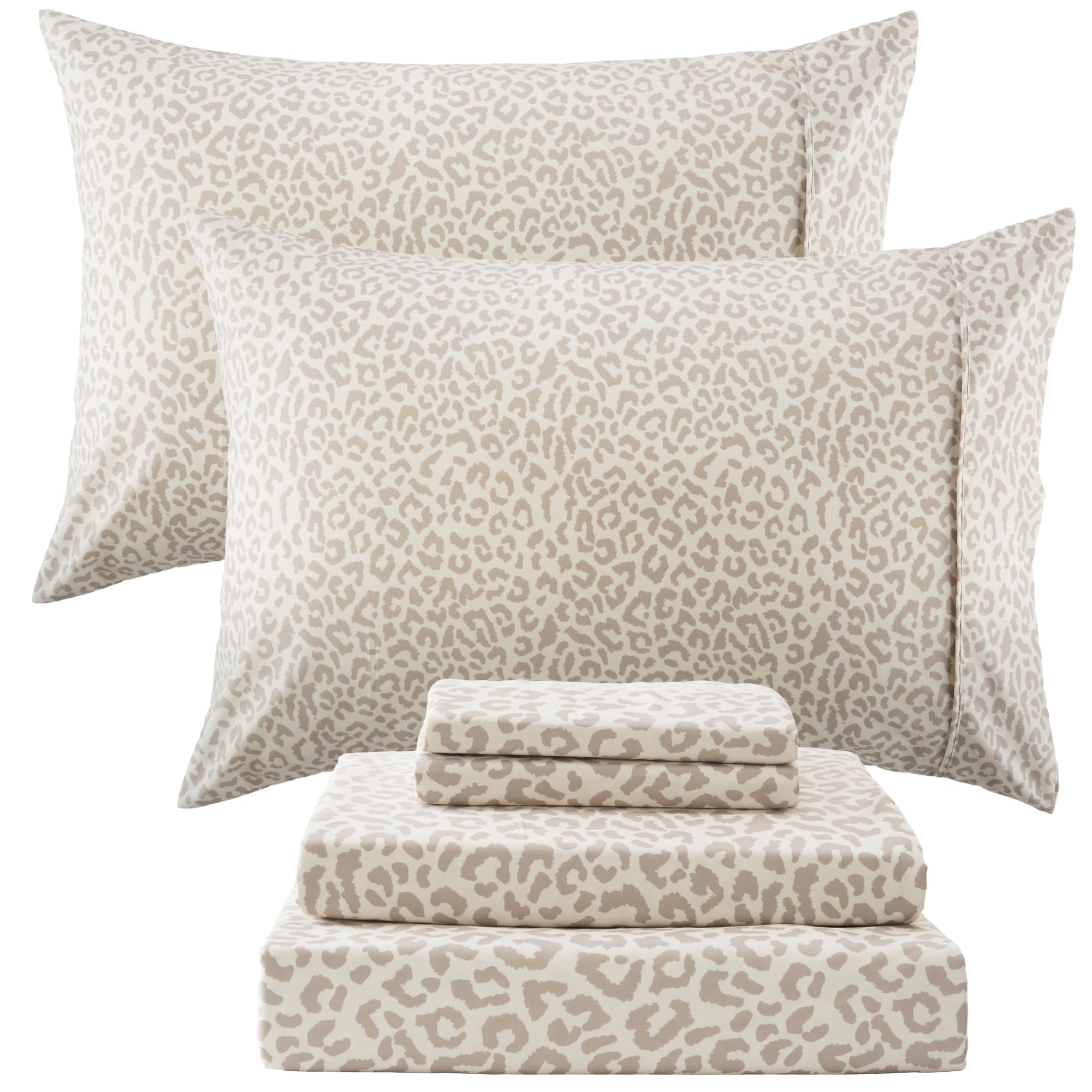 Drozeeo front view of beige cheetah queen sheet set showing packaging and pattern benefit