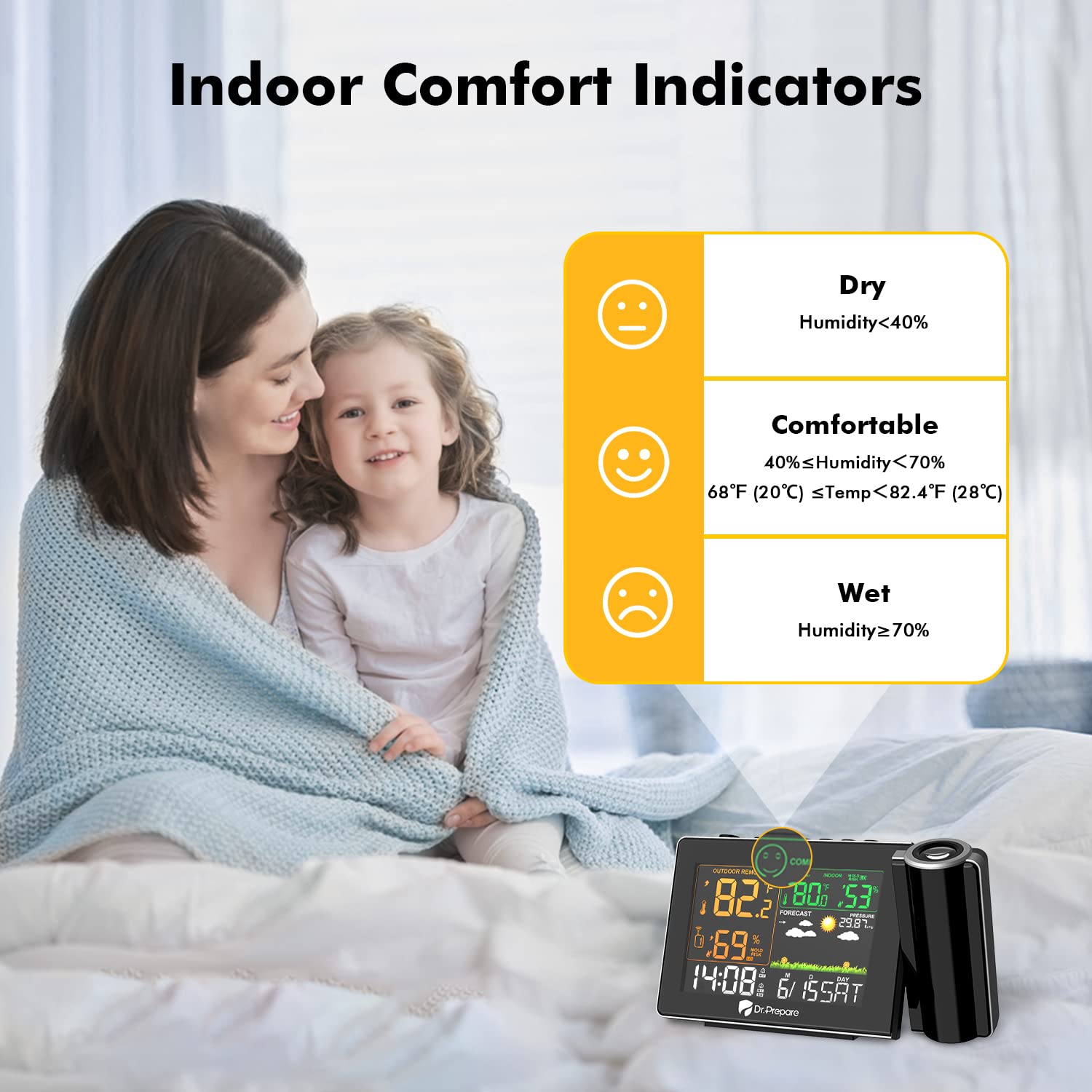DR.PREPARE in bedroom setting, convenient visible time and temp at night