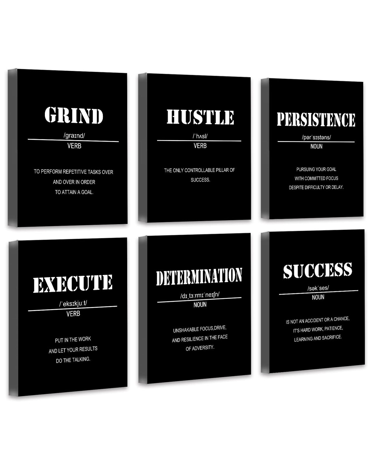 Drsoum front view of six framed prints showing neat typography and instant motivation