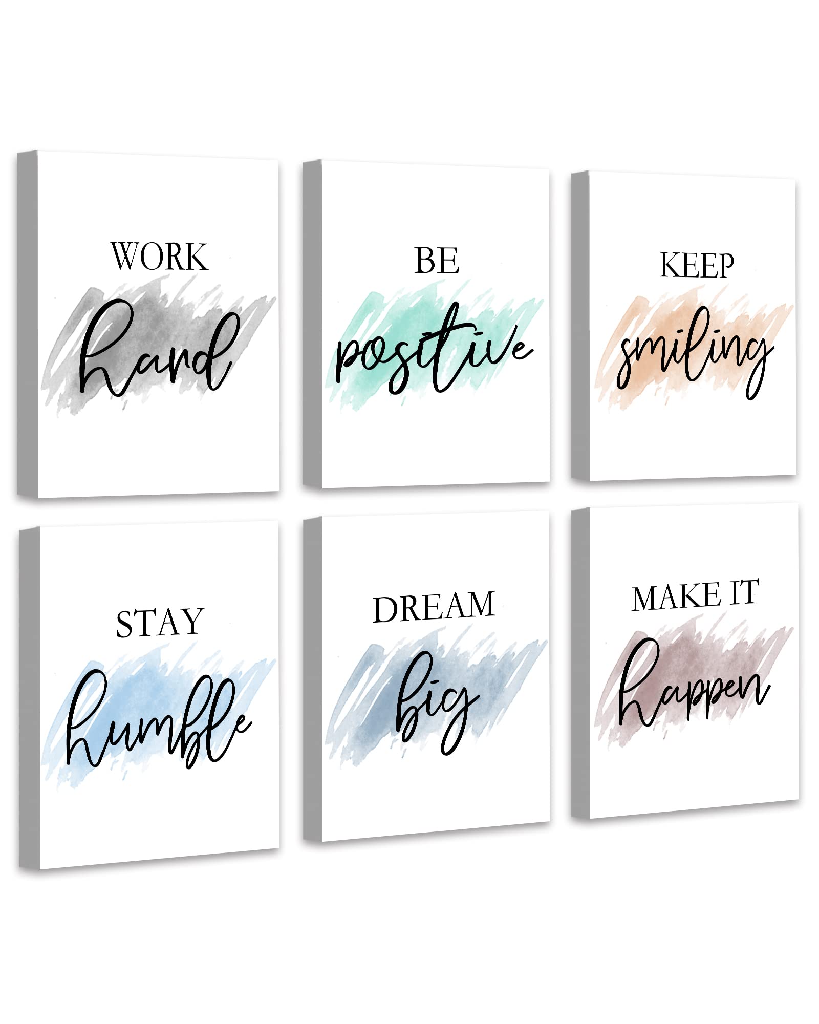 Drsoum front view of six framed inspirational canvases showing clean black-and-white typography and balanced layout