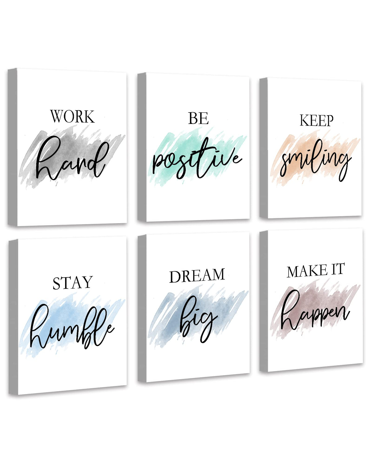 Drsoum front view of six framed inspirational canvases showing clean black-and-white typography and balanced layout