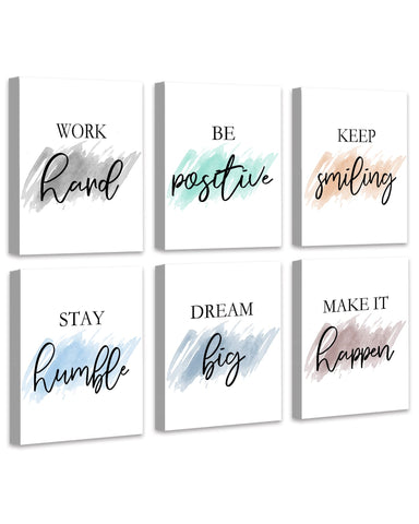 Drsoum front view of six framed inspirational canvases showing clean black-and-white typography and balanced layout