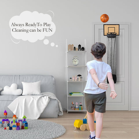 DRXX FEXE child tossing clothes into hoop encouraging tidy habits and fun