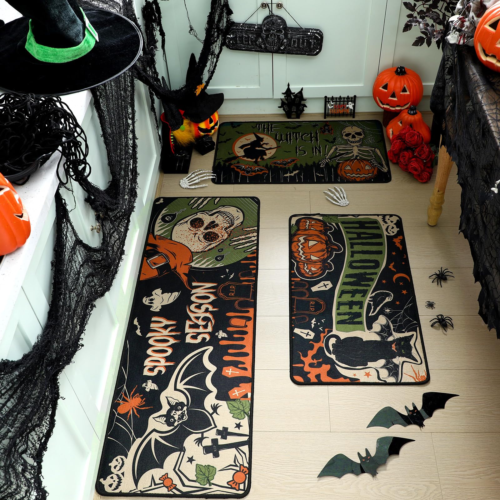Drydiet lifestyle scene at Halloween party showing festive mats enhancing seasonal atmosphere