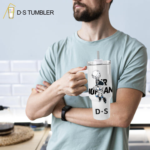 D·S tumbler next to a water bottle and phone showing true 40oz scale