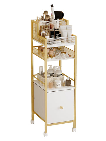 Dsmadn close-up of large pull-out drawer and middle shelf holding skincare bottles