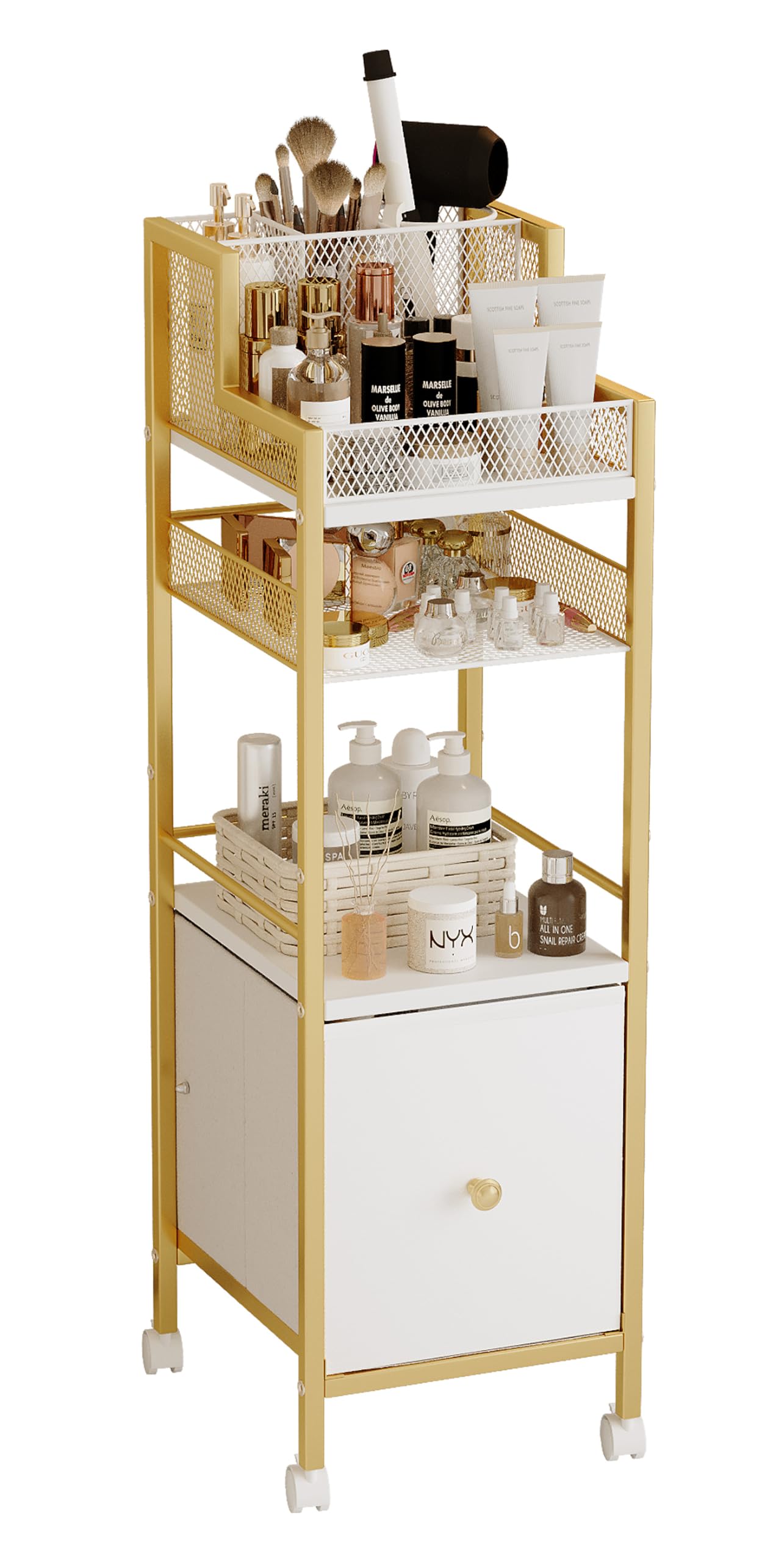 Dsmadn front view of rolling makeup cart showing organized top compartments and bottles