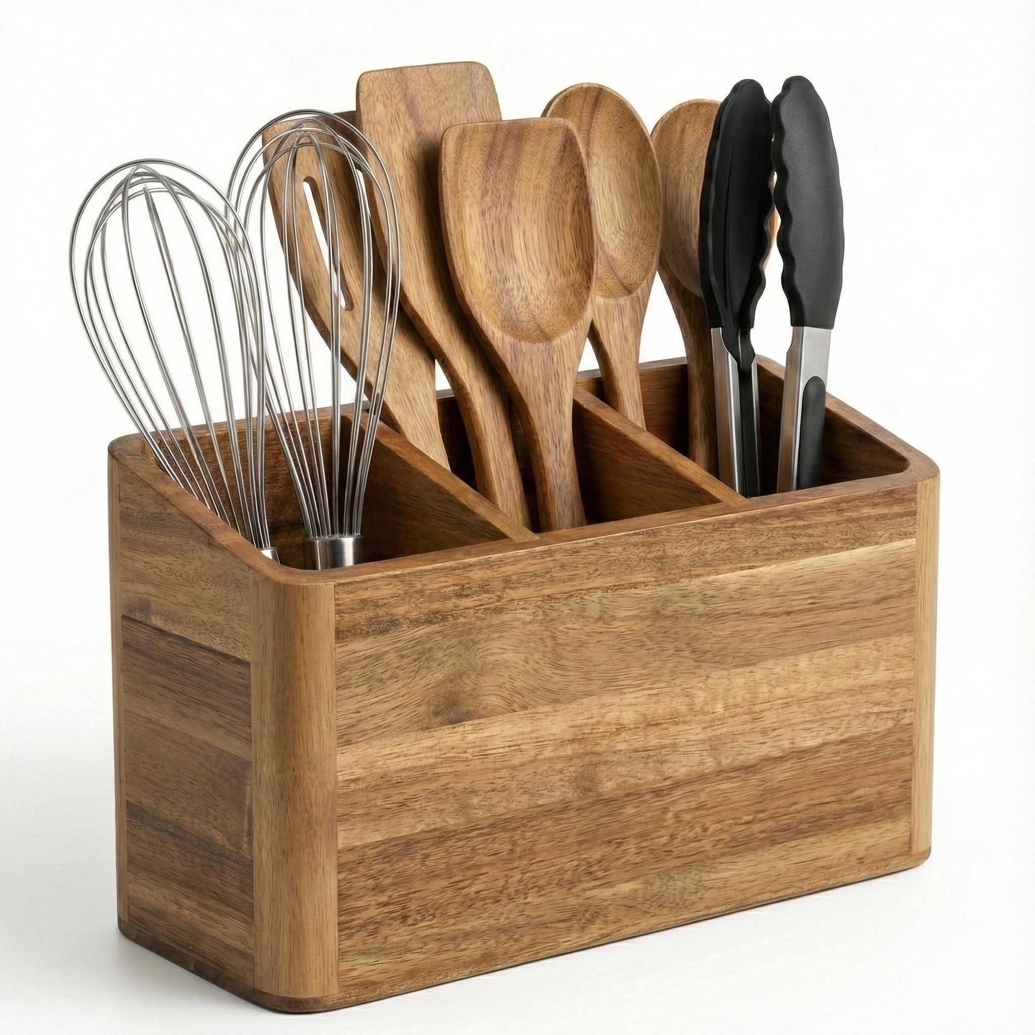 Dstuff acacia utensil holder front view showing neat organized utensils and stylish look