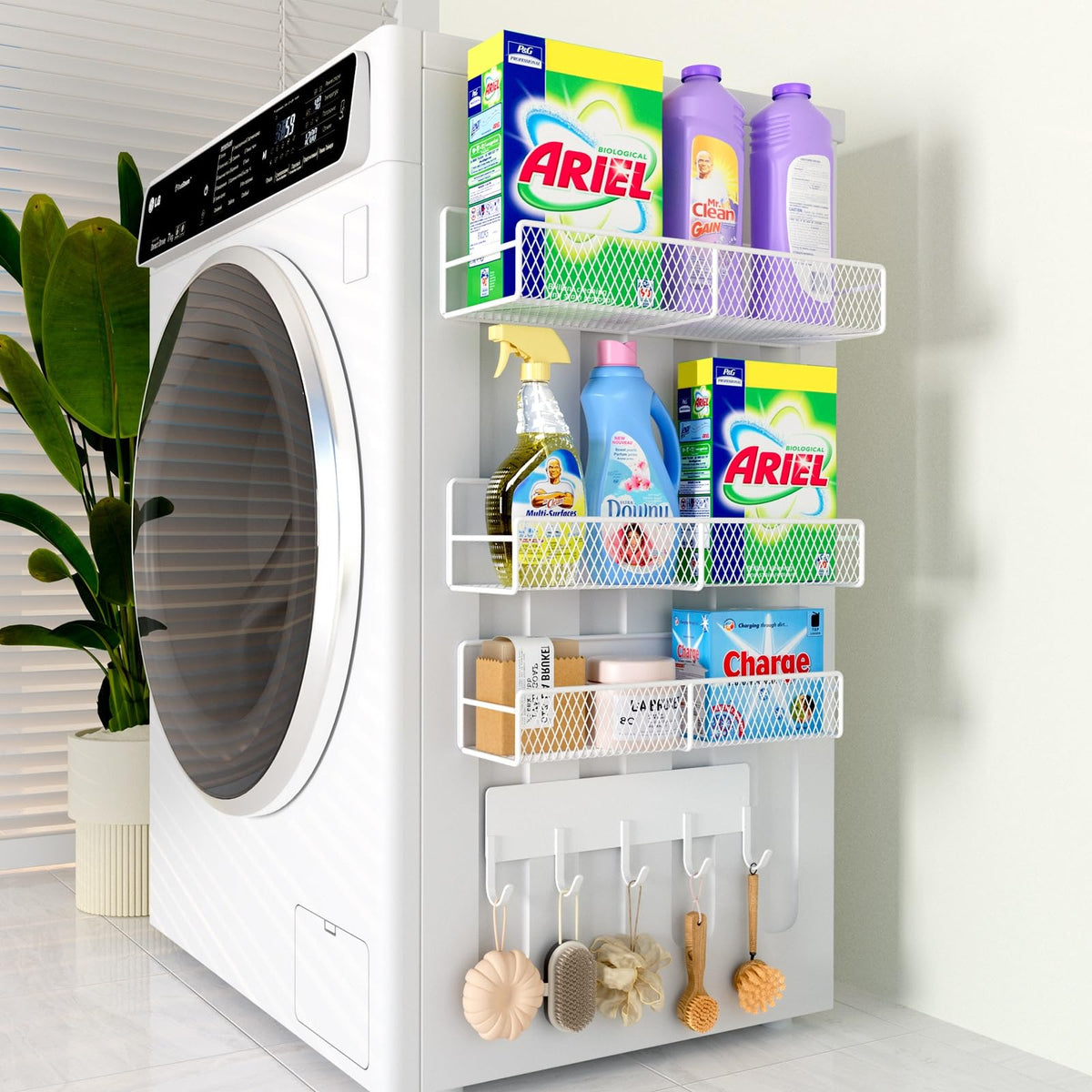 DTUQYX front view of four white magnetic shelves showing compact organization benefit