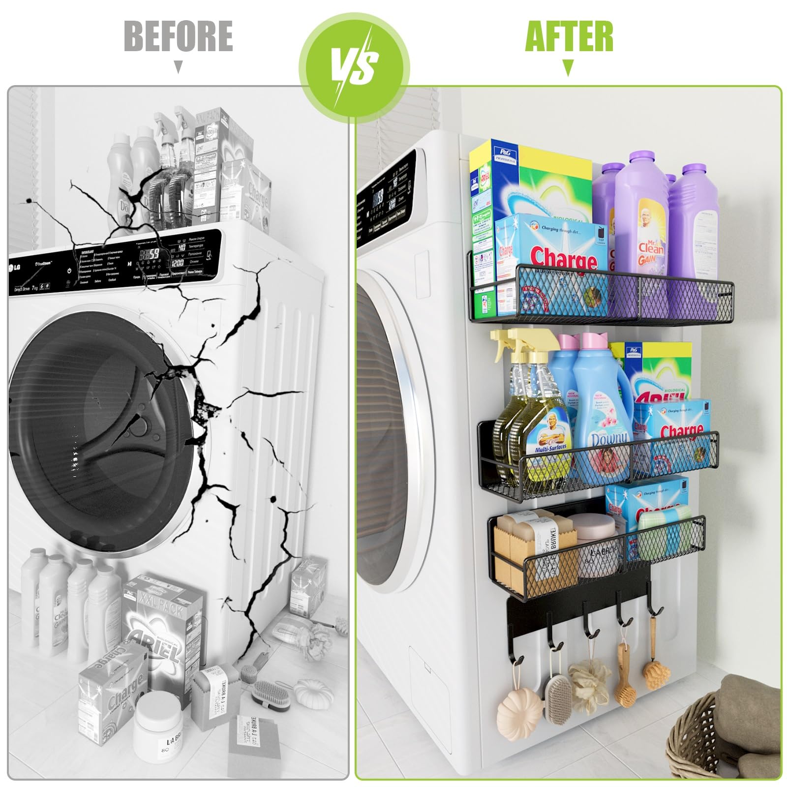 DTUQYX shelf beside a detergent bottle demonstrating size and capacity benefit