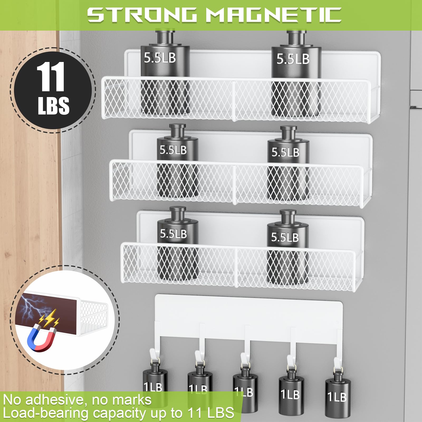 DTUQYX shelves mounted on refrigerator side demonstrating space-saving benefit