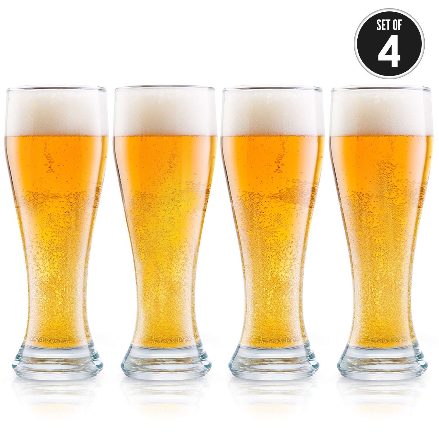 DU VINO front view of four-pack showing elegant pilsner glasses and clarity benefits