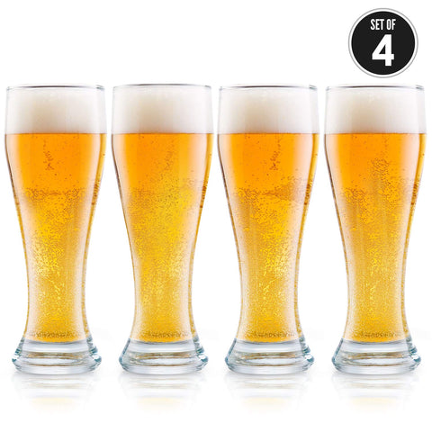 DU VINO front view of four-pack showing elegant pilsner glasses and clarity benefits