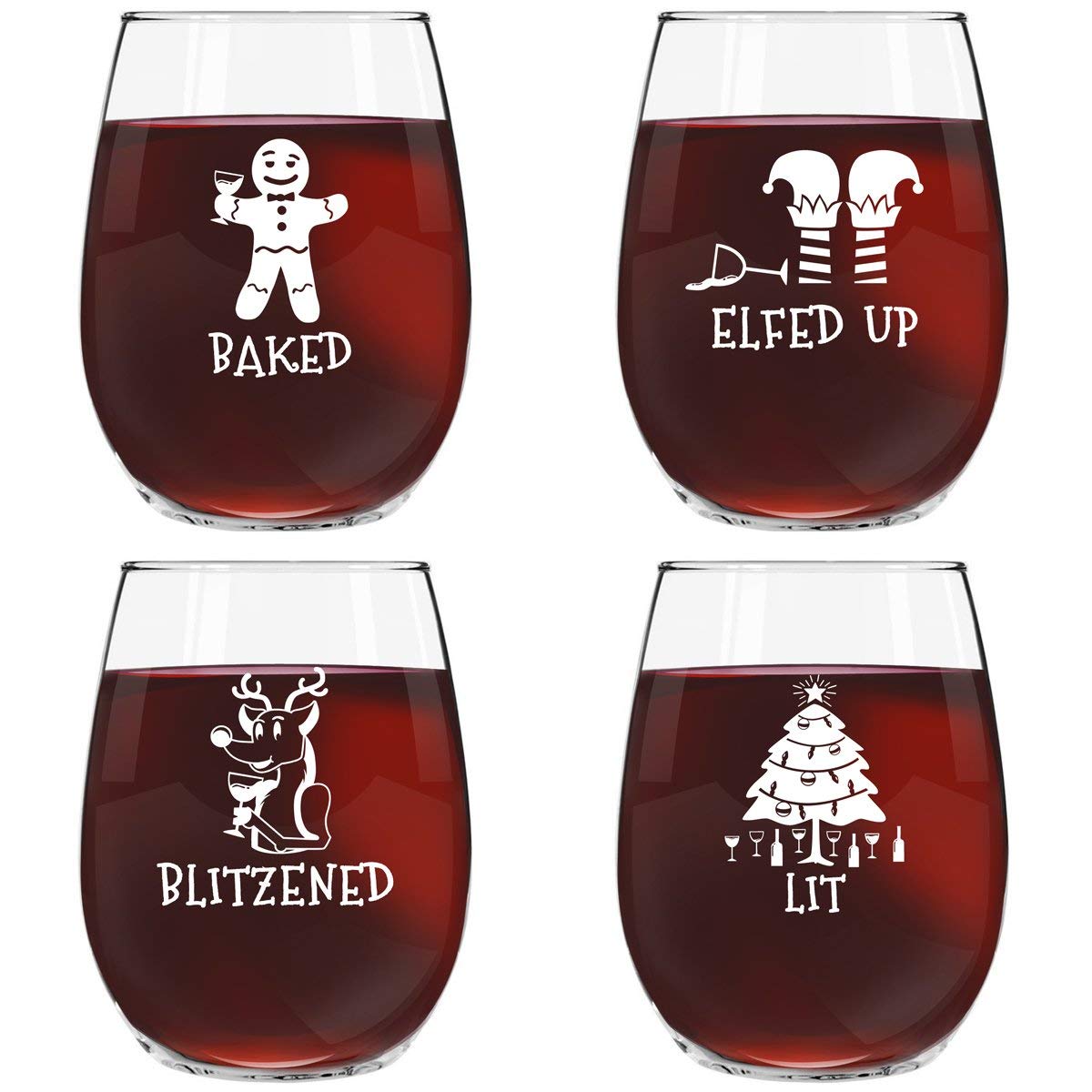 DU VINO front view of boxed set showing four festive glasses and gift-ready packaging