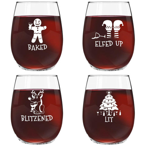 DU VINO front view of boxed set showing four festive glasses and gift-ready packaging