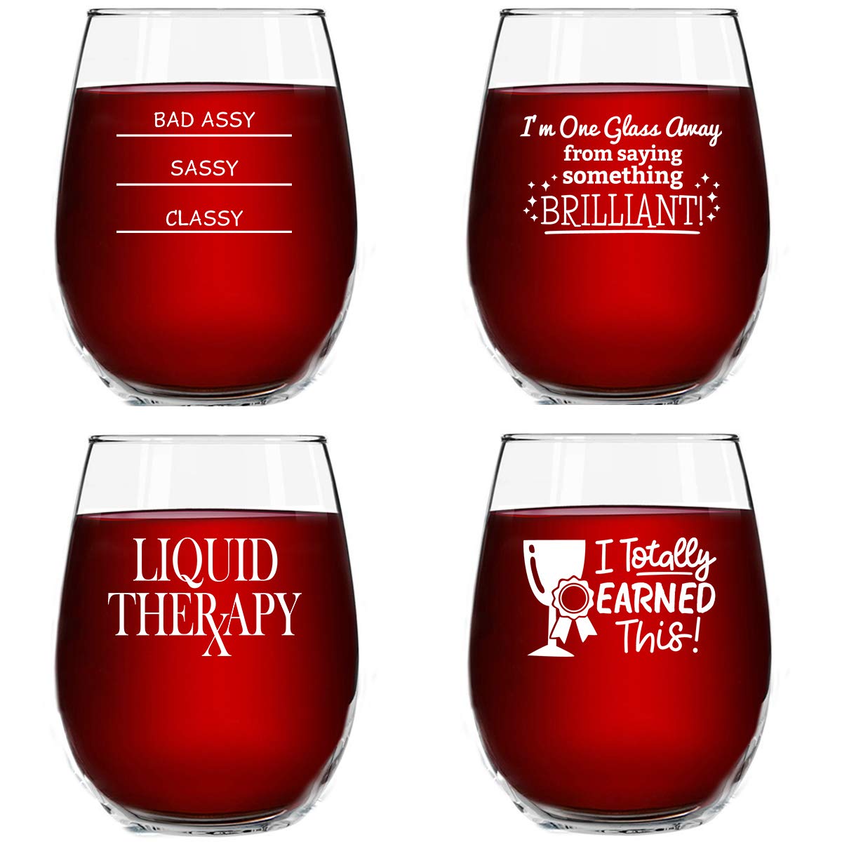 DU VINO set of four stemless wine glasses front view showing sayings and benefit of easy entertaining