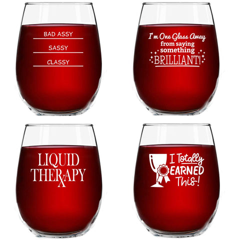 DU VINO set of four stemless wine glasses front view showing sayings and benefit of easy entertaining