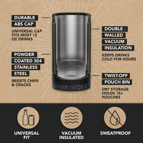 DUALIE Lower Deckie holding a standard 12 oz can and a slim seltzer can