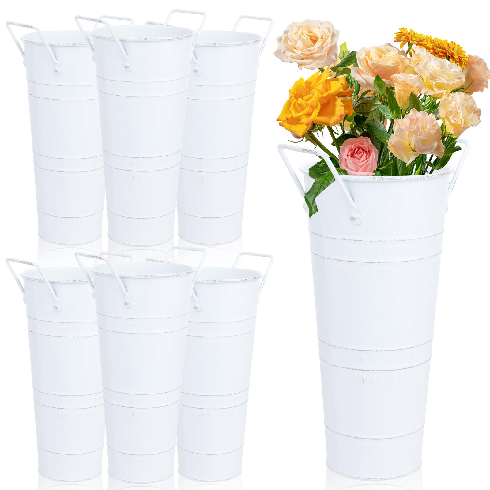 Dualshine front view of six white metal buckets showing clean styling and value