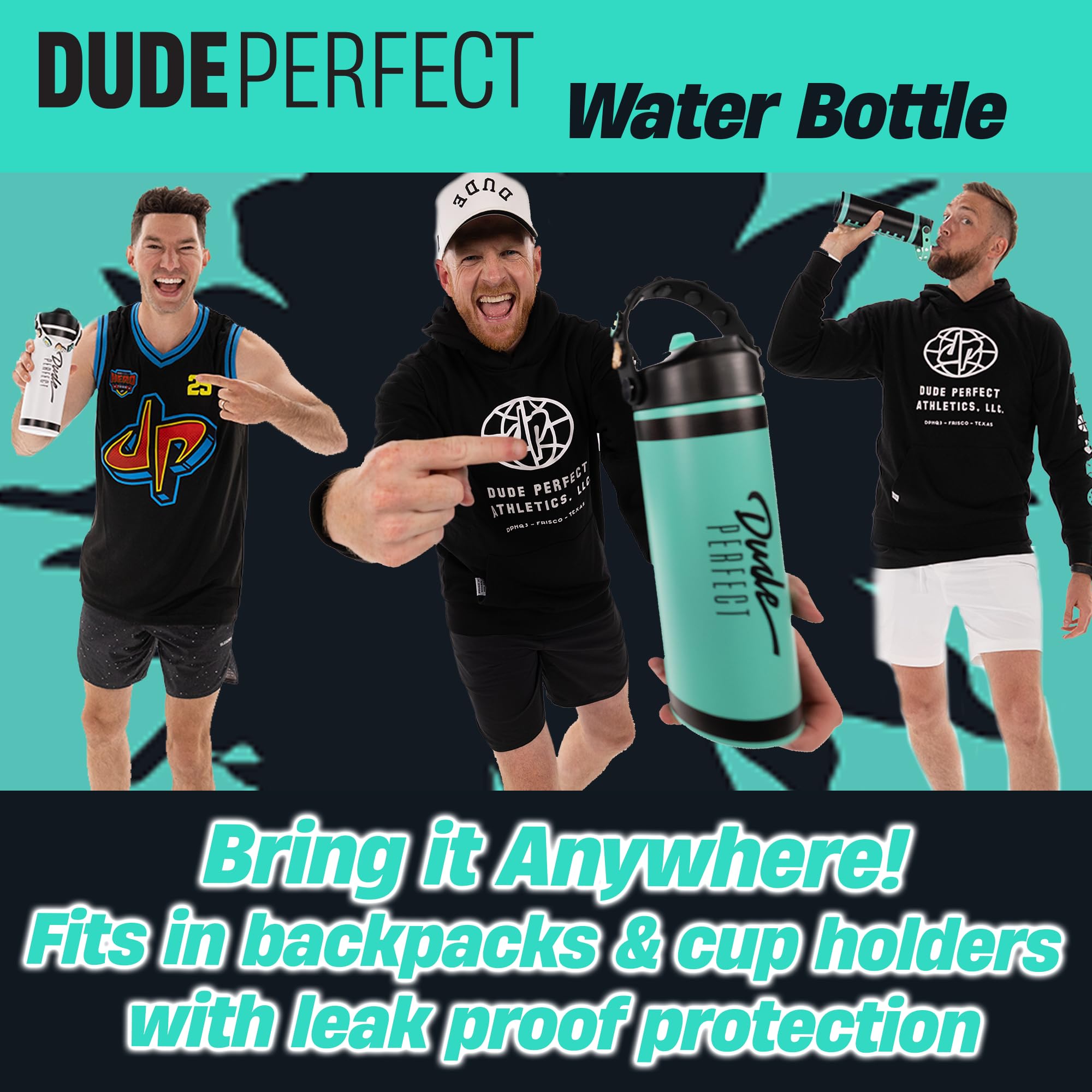 Dude Perfect bottle held in hand showing 24 oz scale and portability