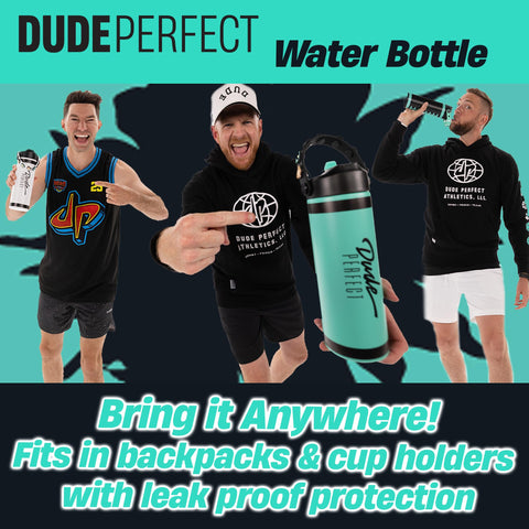 Dude Perfect bottle held in hand showing 24 oz scale and portability