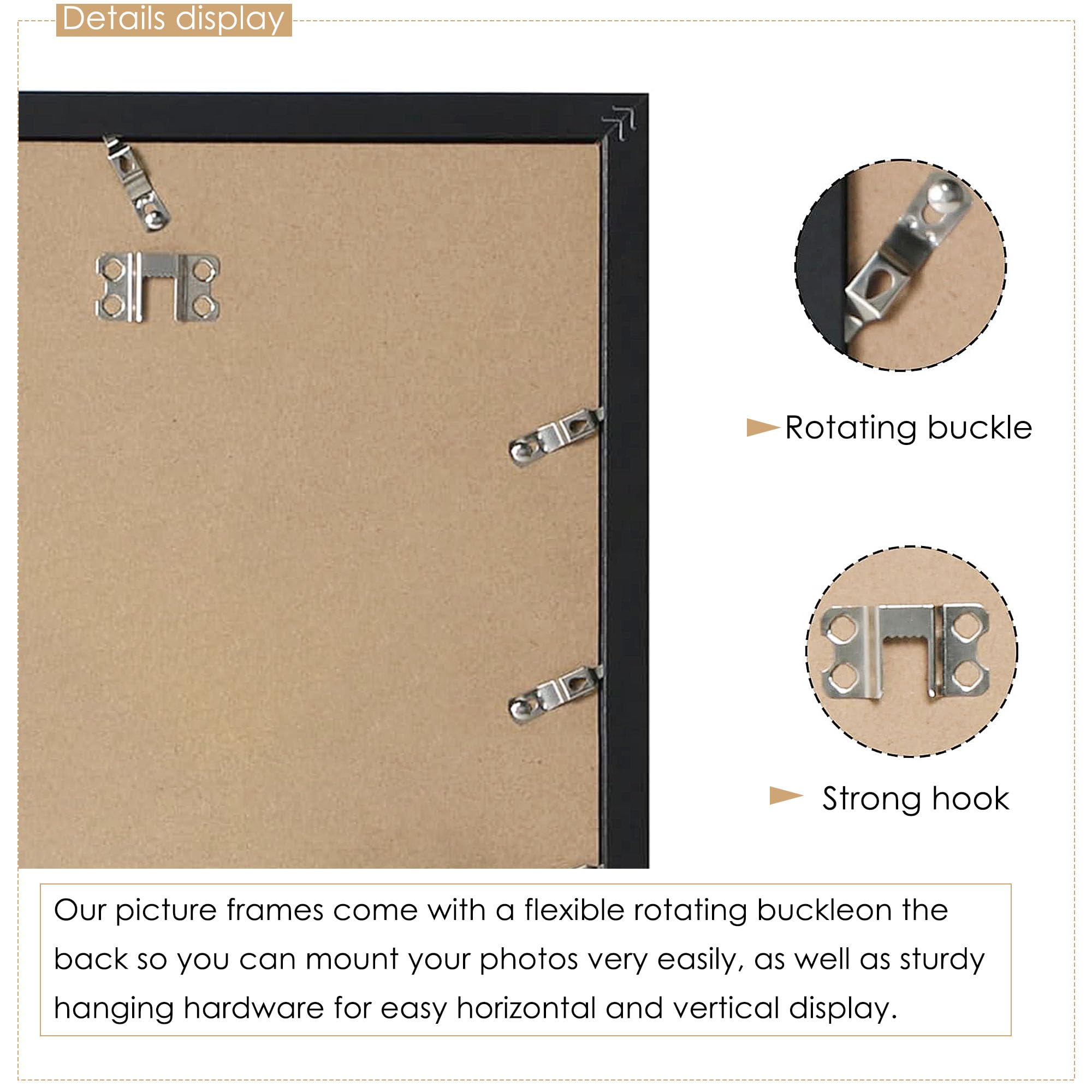 DUENPY rear view of hanging hardware and rotating tabs for easy photo changes