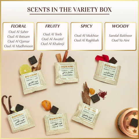 Dukhni bakhoor pieces array displaying variety and scent exploration benefit