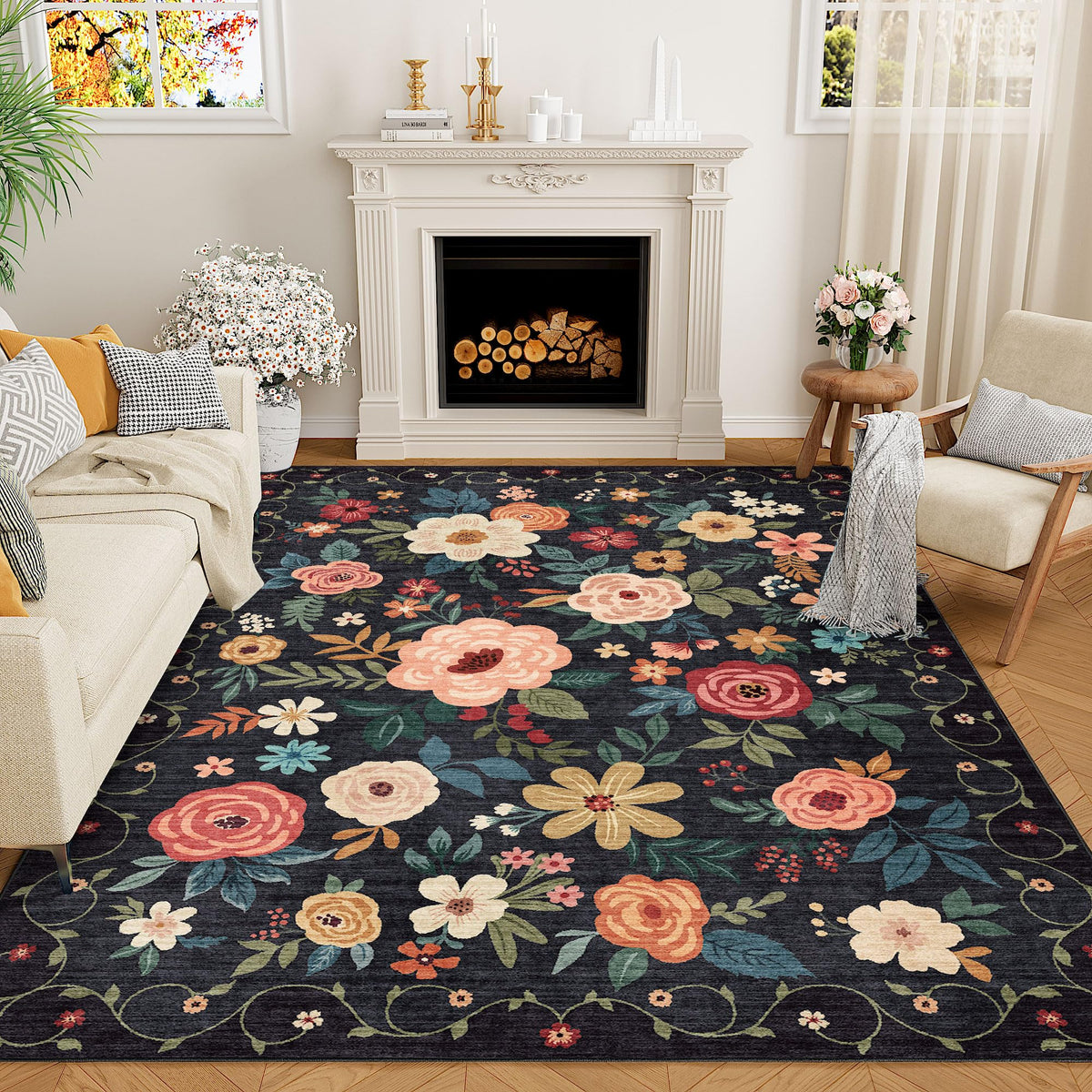 DUKINO front view of black floral rug showing pattern and edges, enhances room warmth