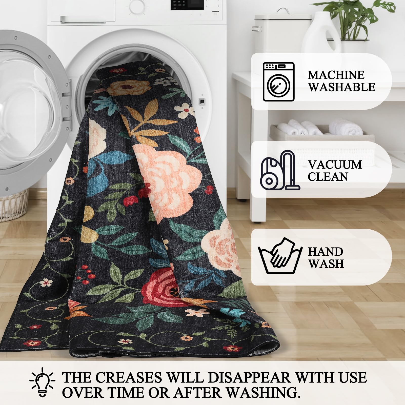 DUKINO folded rug ready for machine washing, highlights easy-care benefit