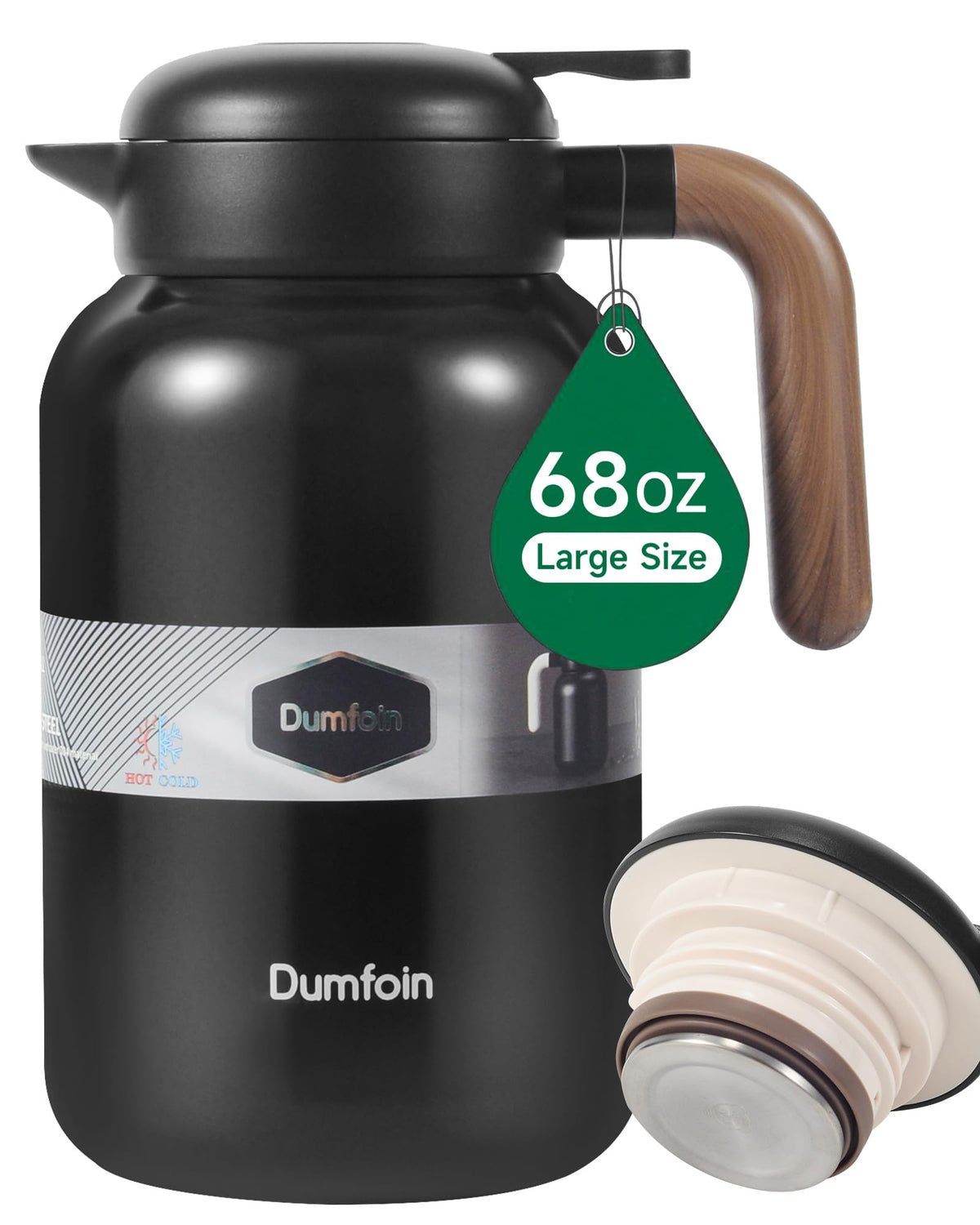 Dumfoin carafe front view showing matte black finish and capacity benefit
