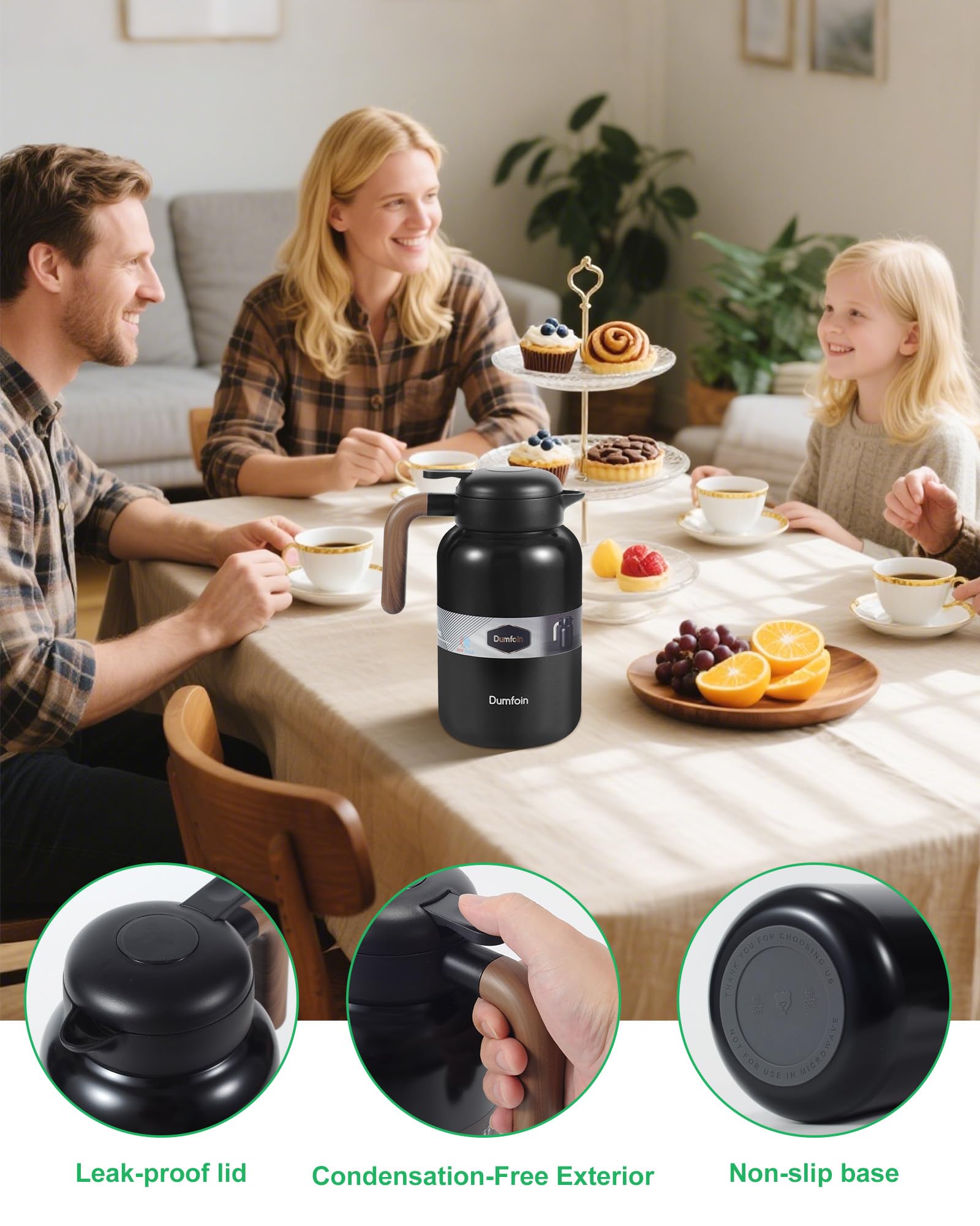 Dumfoin carafe in kitchen setting illustrating temperature retention for gatherings