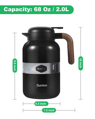 Dumfoin carafe next to coffee mug showing 2L scale and serving capacity