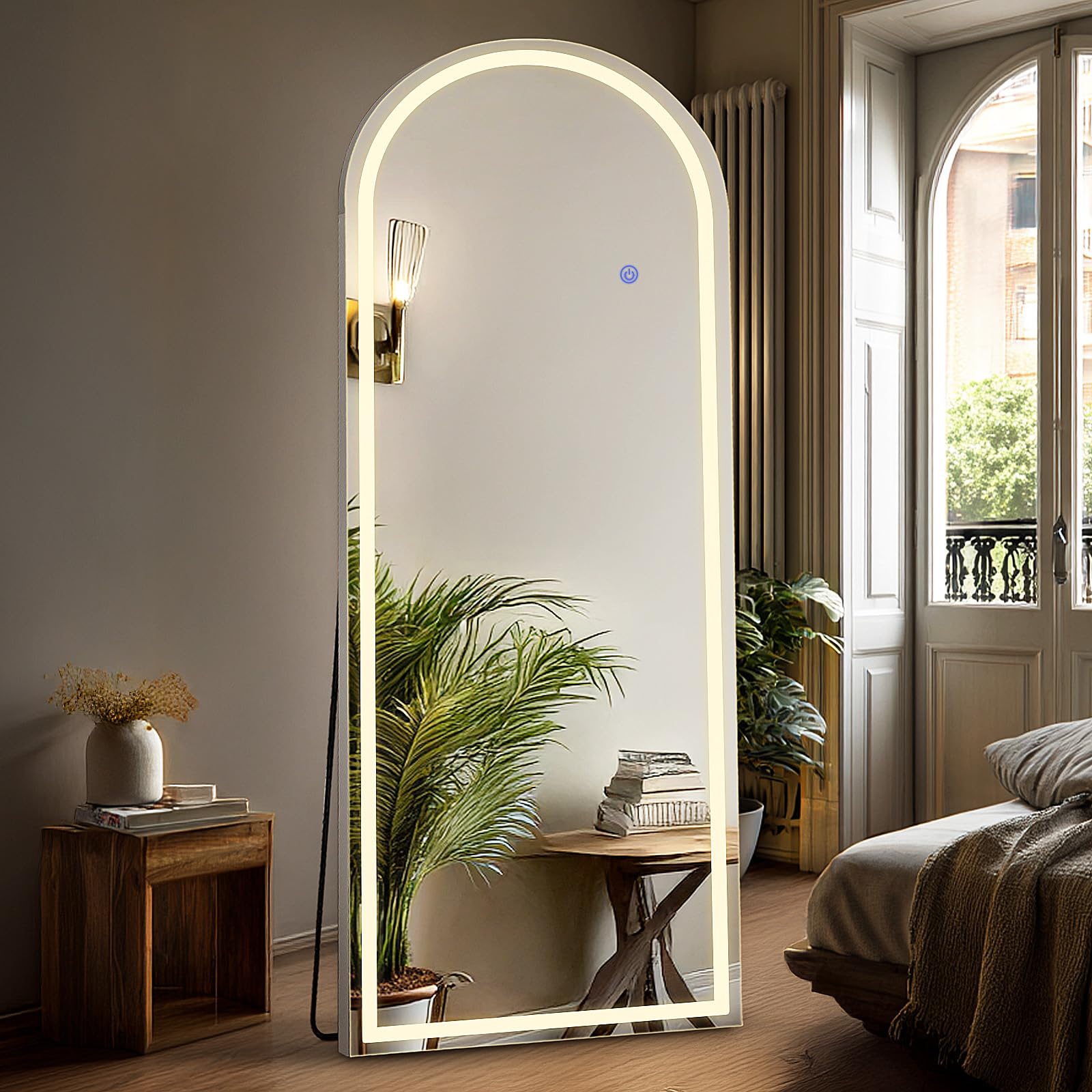 DUMOS arched mirror front view shows full-length reflection and stylish arched top benefit