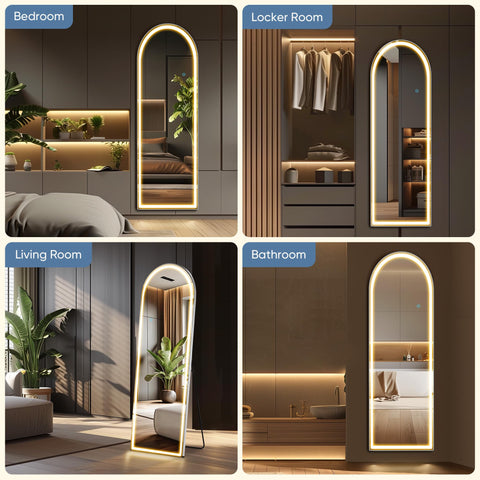 DUMOS mirror with person for scale shows 20x63 size and real-world fit benefit