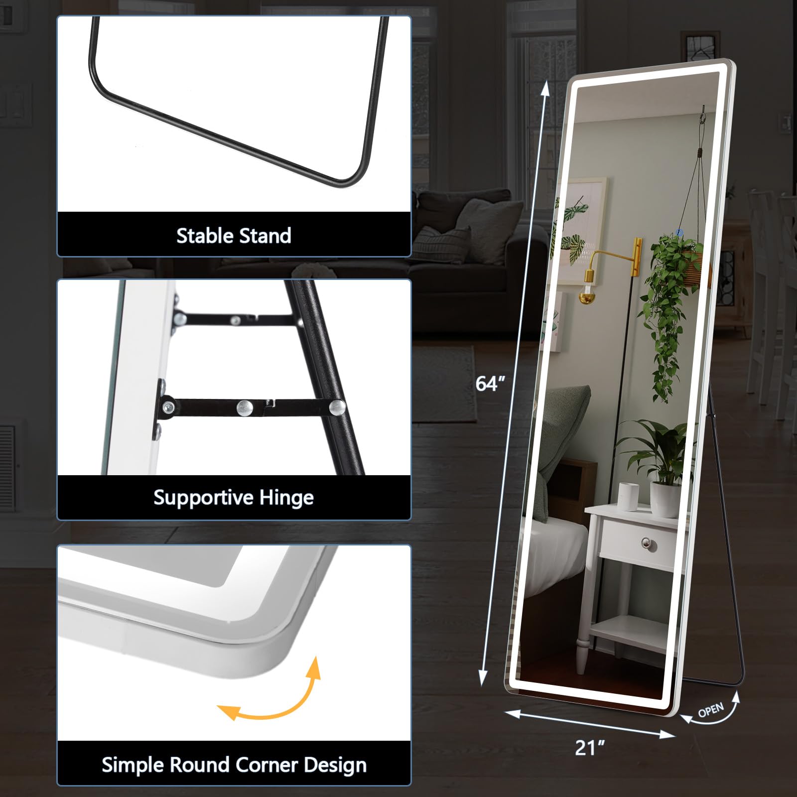 DUMOS shatterproof glass detail illustrating safety and distortion-free reflection benefit