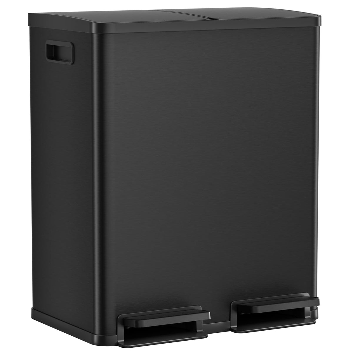 DUMOS front view of dual trash can showing sleek matte black and organized design benefit