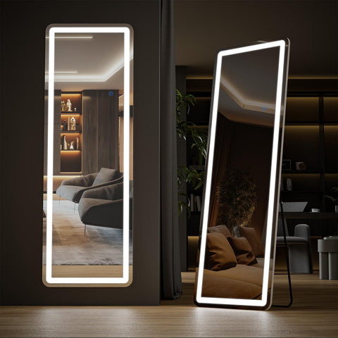 DUMOS front view full-length mirror showing even LED lighting and clear reflection benefit