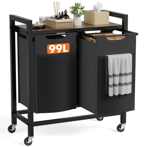 DUMOS front view showing rustic brown two-compartment hamper and organized look