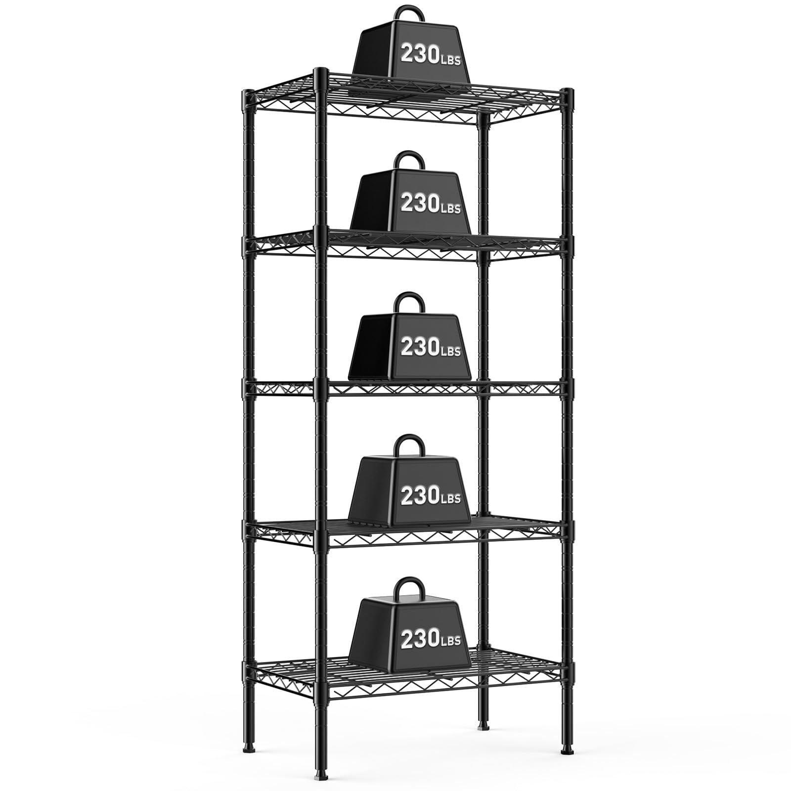 DUMOS front view showing five-tier shelves and heavy-duty storage benefit