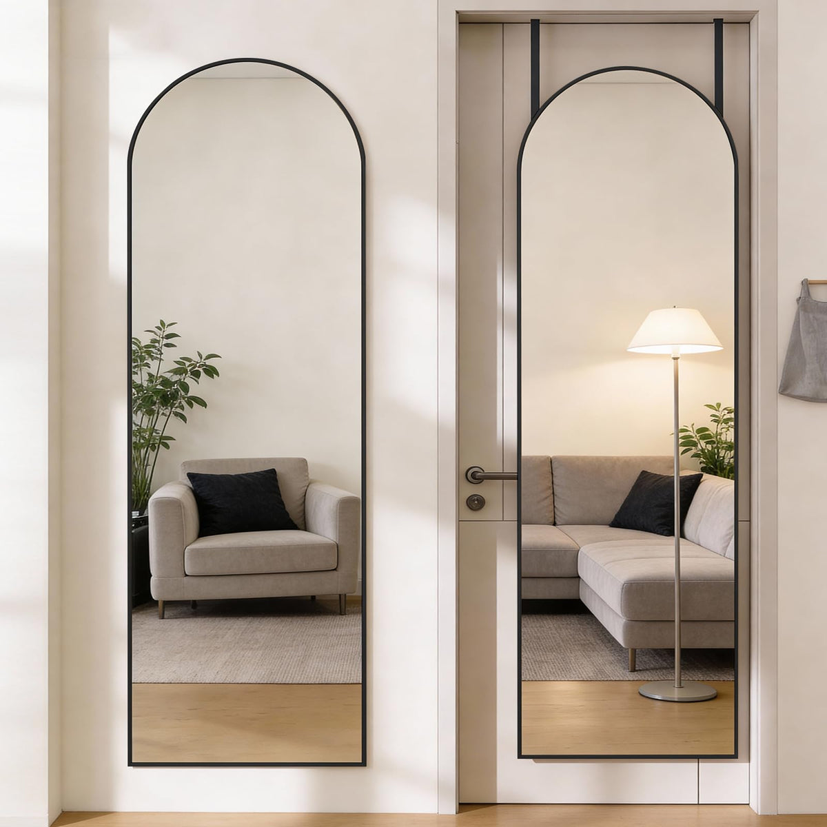 DUMOS full length door mirror front view showing sleek black frame and full-body benefit