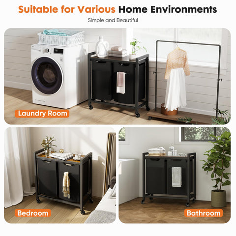 DUMOS in bathroom lifestyle image showing space-saving organized laundry solution