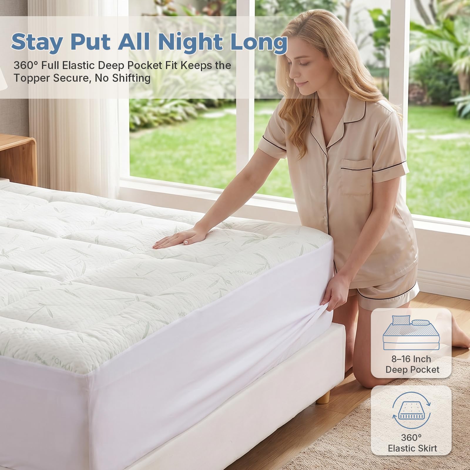 DUMOS topper in styled bedroom highlighting cooler, refreshed sleep