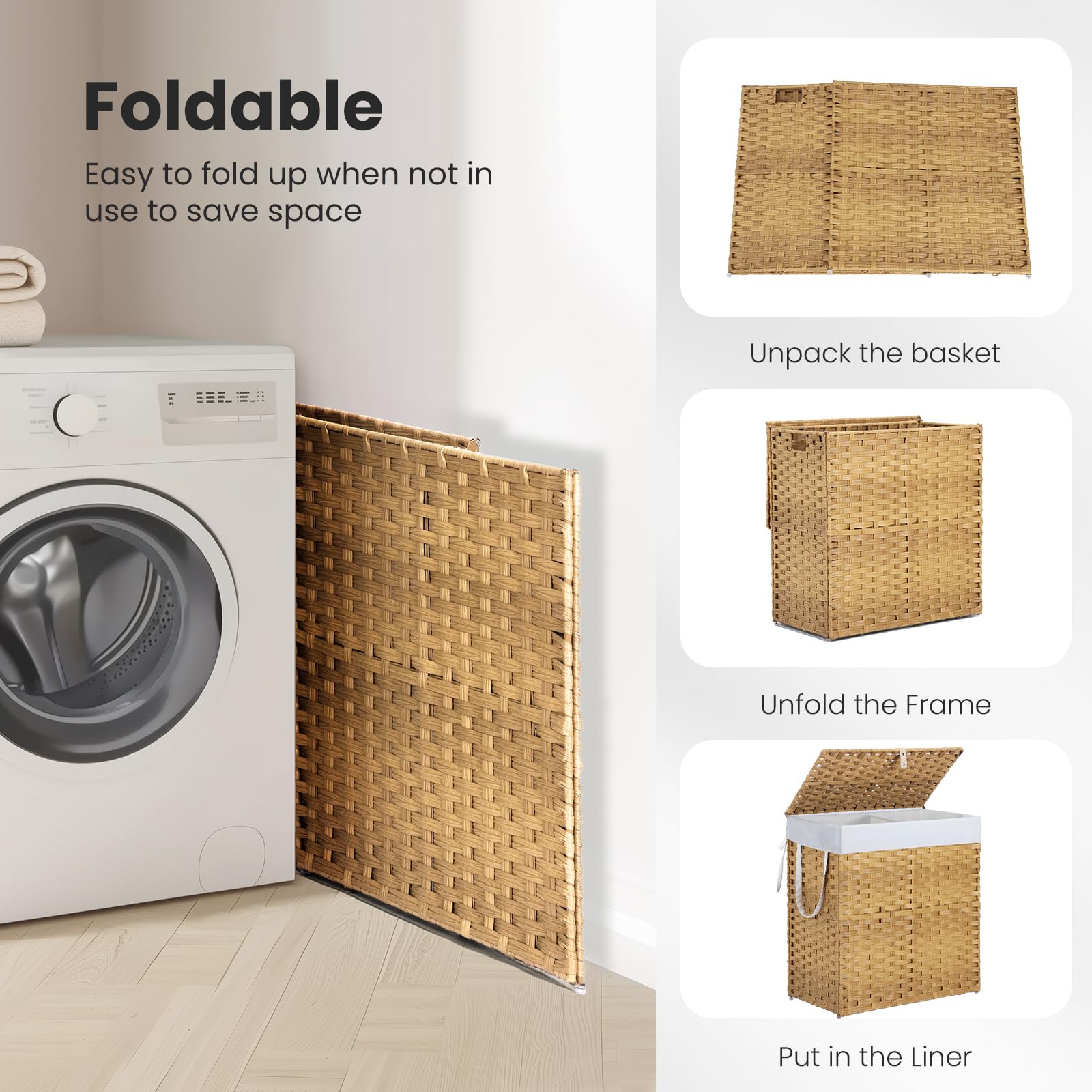DUMOS beside towels and bedding shows true-to-size capacity