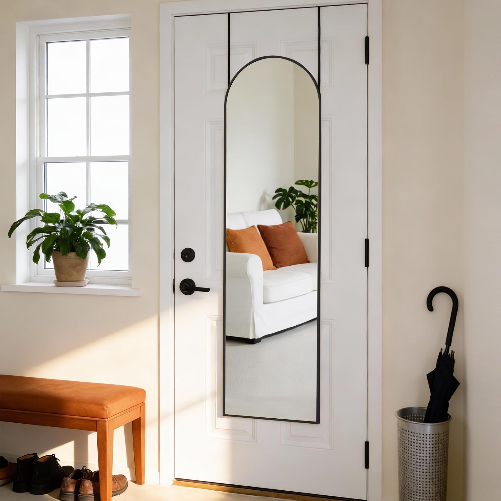 DUMOS mirror with person for scale demonstrating full-length coverage of outfits
